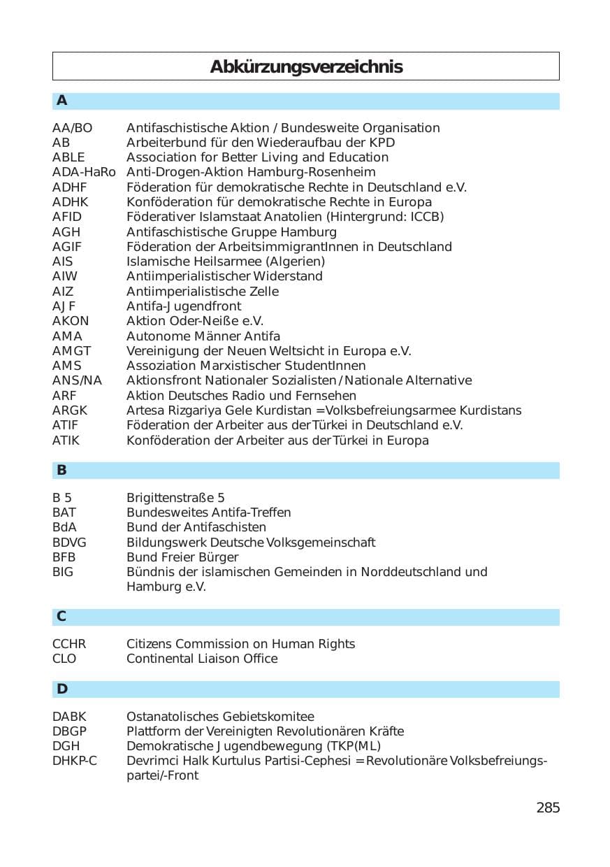 Seite 285 des Verfassungsschutzbericht 1999 Hamburg