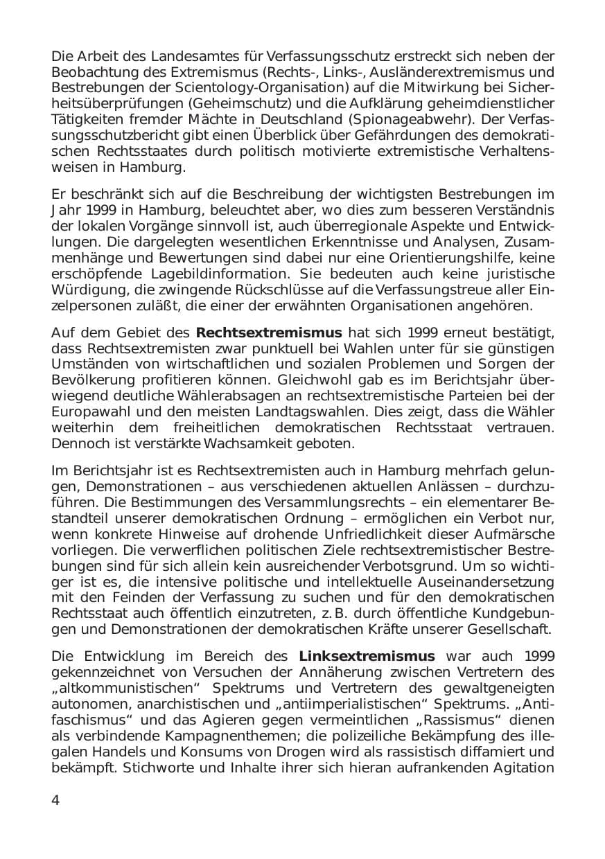 Seite 4 des Verfassungsschutzbericht 1999 Hamburg