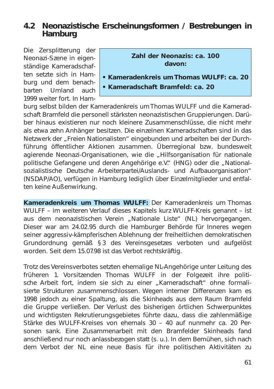 Seite 61 des Verfassungsschutzbericht 1999 Hamburg