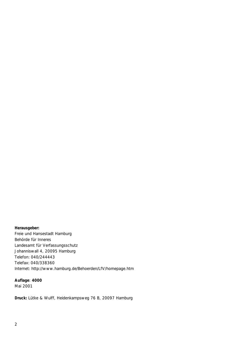 Seite 2 des Verfassungsschutzbericht 2000 Hamburg