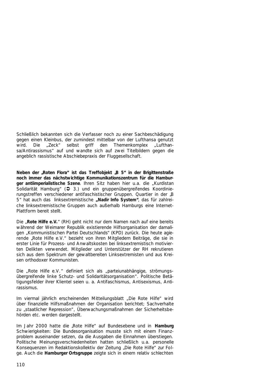 Seite 110 des Verfassungsschutzbericht 2000 Hamburg