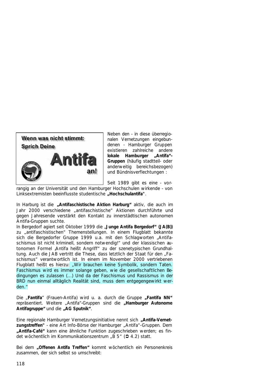 Seite 118 des Verfassungsschutzbericht 2000 Hamburg