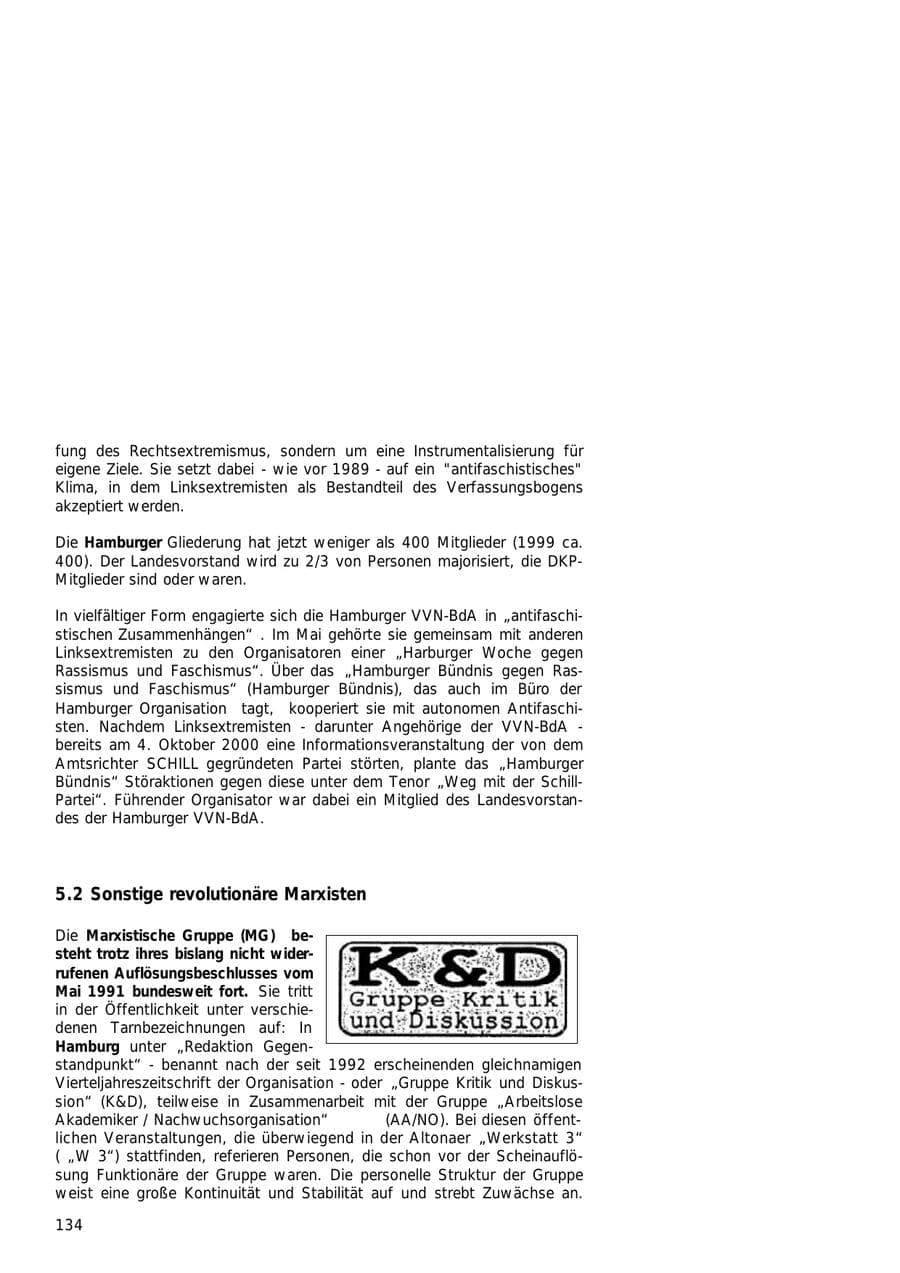 Seite 134 des Verfassungsschutzbericht 2000 Hamburg