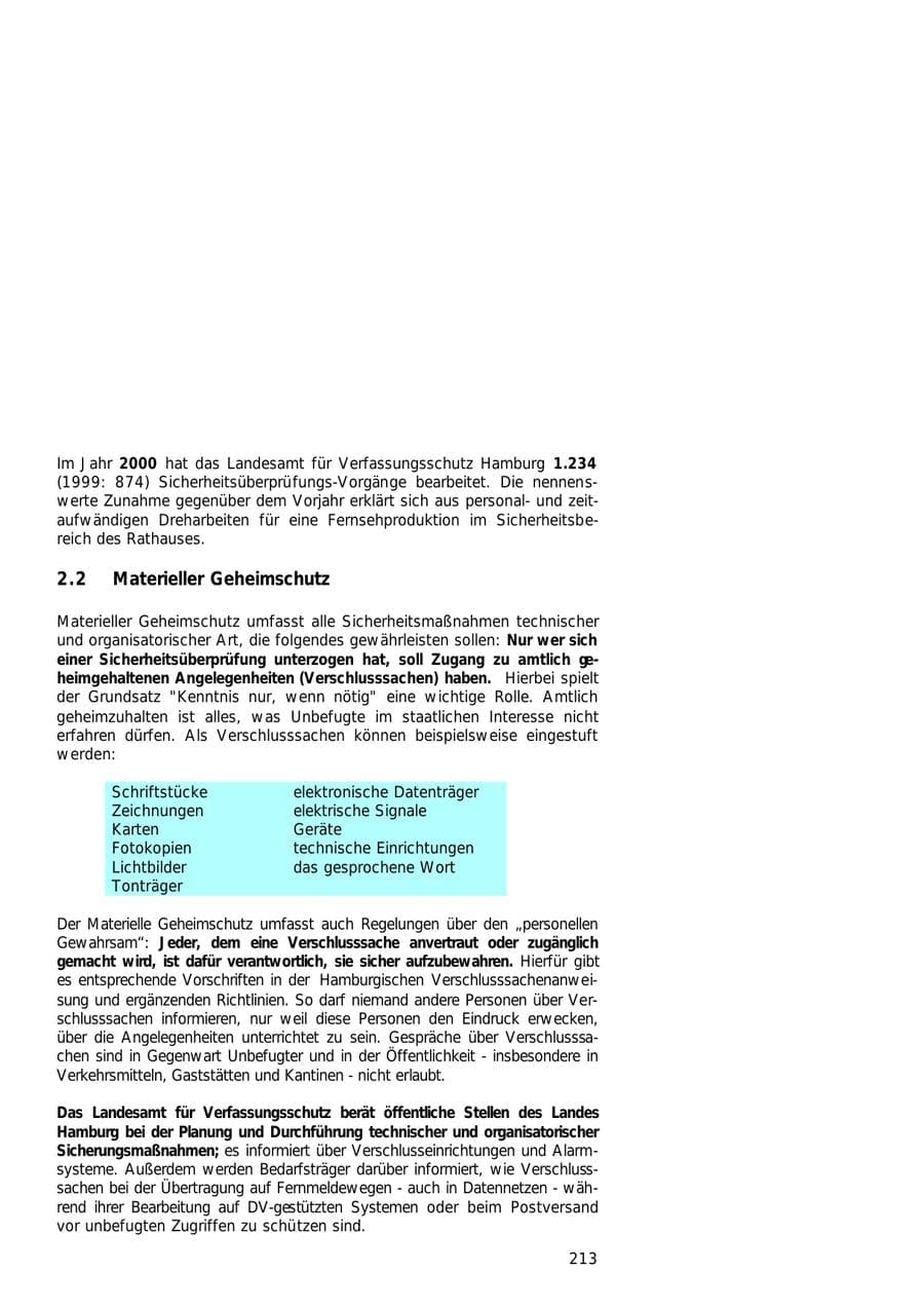 Seite 213 des Verfassungsschutzbericht 2000 Hamburg