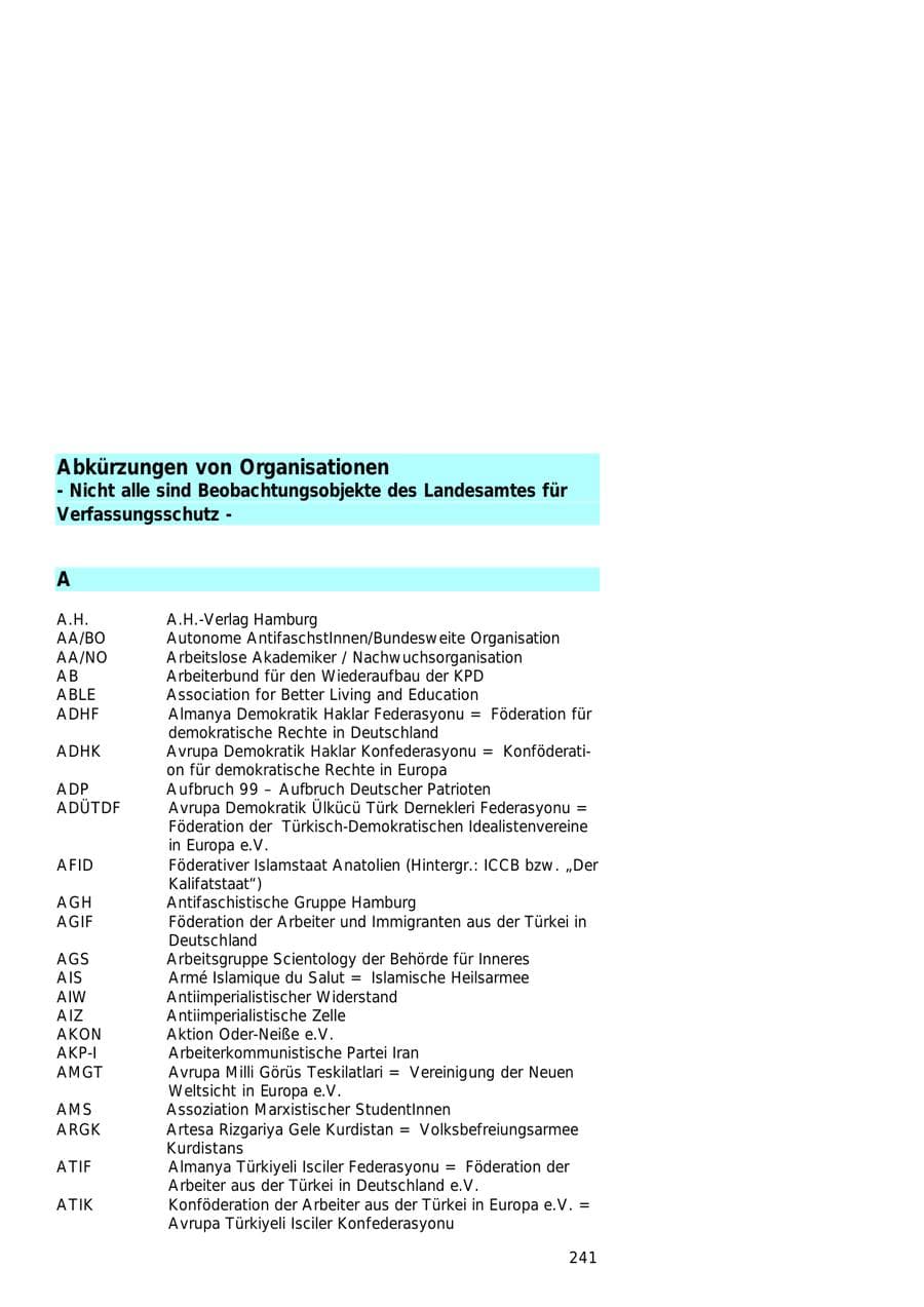 Seite 241 des Verfassungsschutzbericht 2000 Hamburg