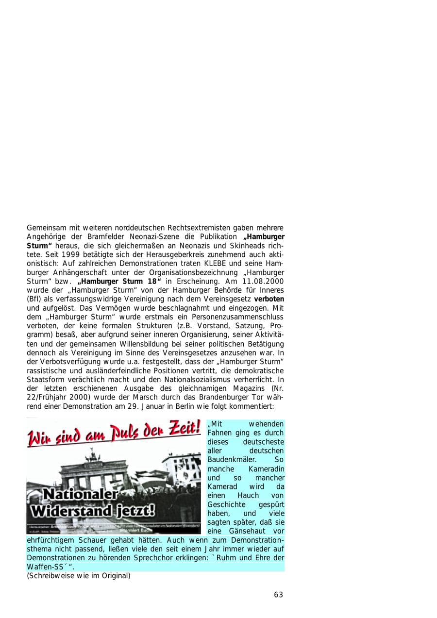 Seite 63 des Verfassungsschutzbericht 2000 Hamburg