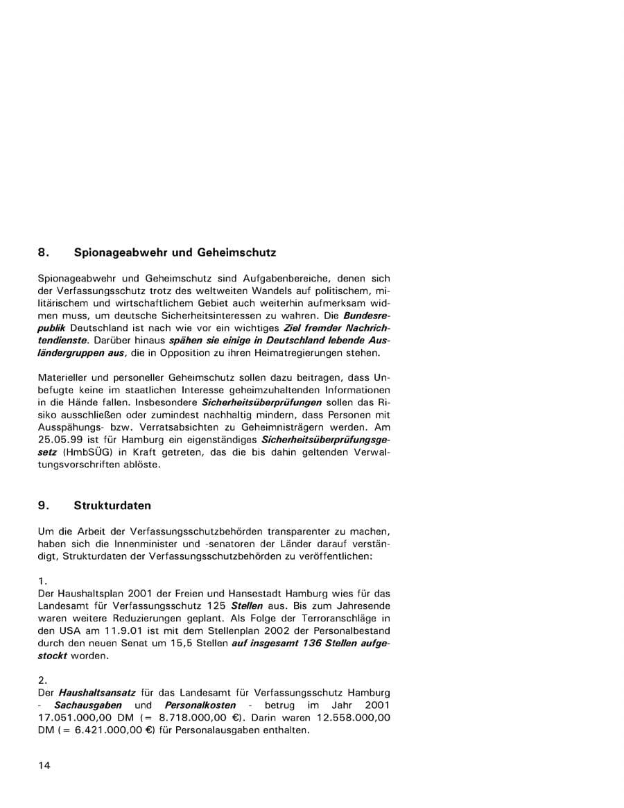 Seite 14 des Verfassungsschutzbericht 2001 Hamburg