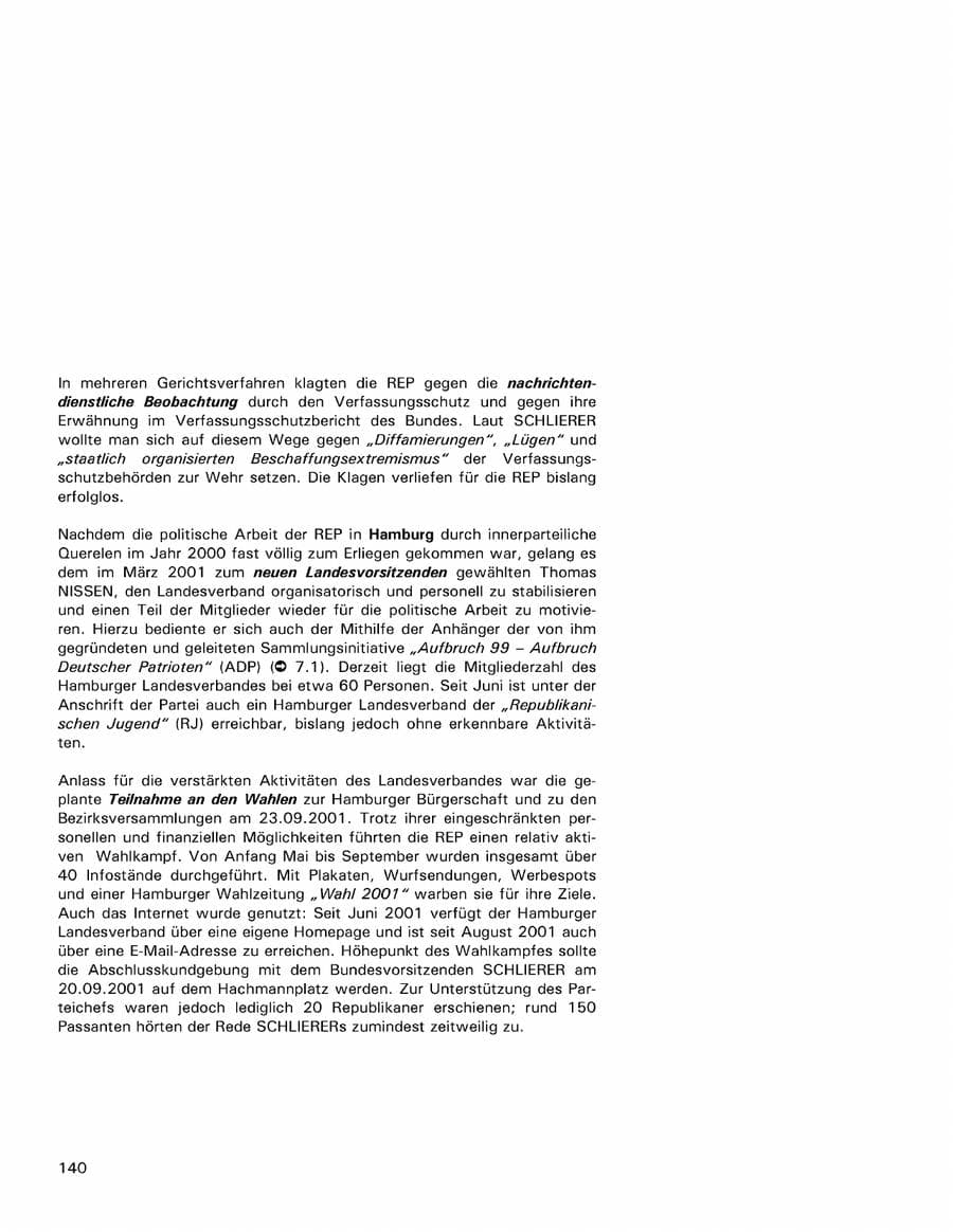 Seite 140 des Verfassungsschutzbericht 2001 Hamburg