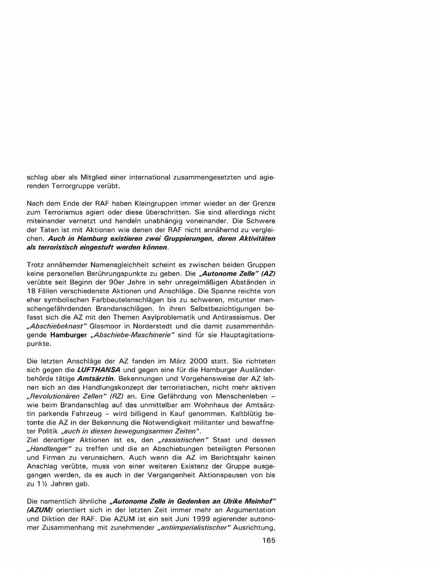 Seite 165 des Verfassungsschutzbericht 2001 Hamburg