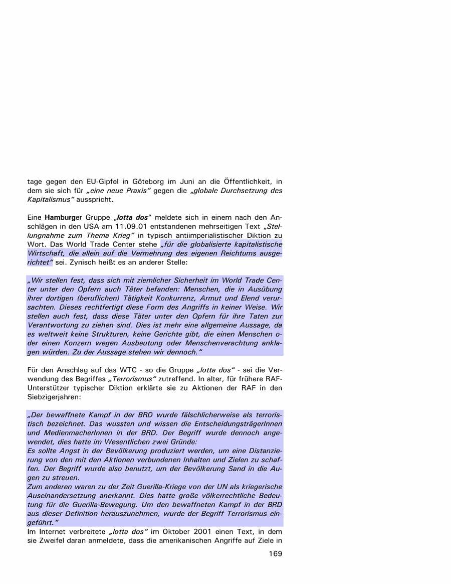 Seite 169 des Verfassungsschutzbericht 2001 Hamburg
