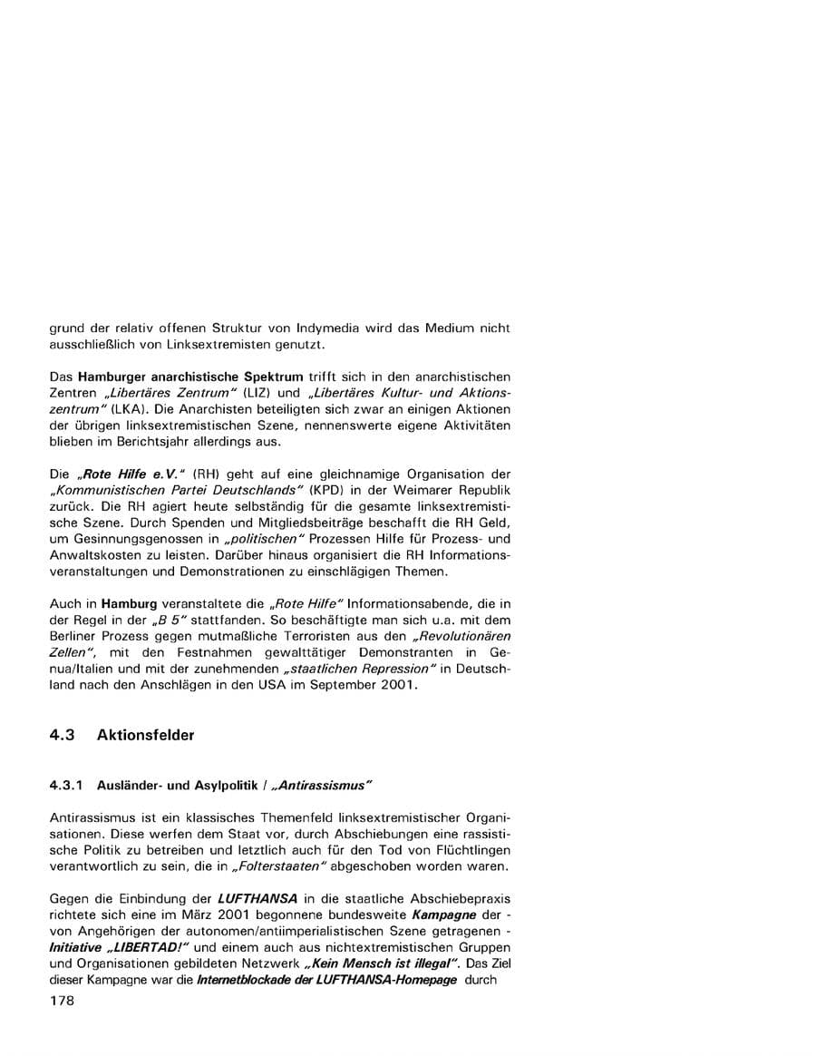 Seite 178 des Verfassungsschutzbericht 2001 Hamburg