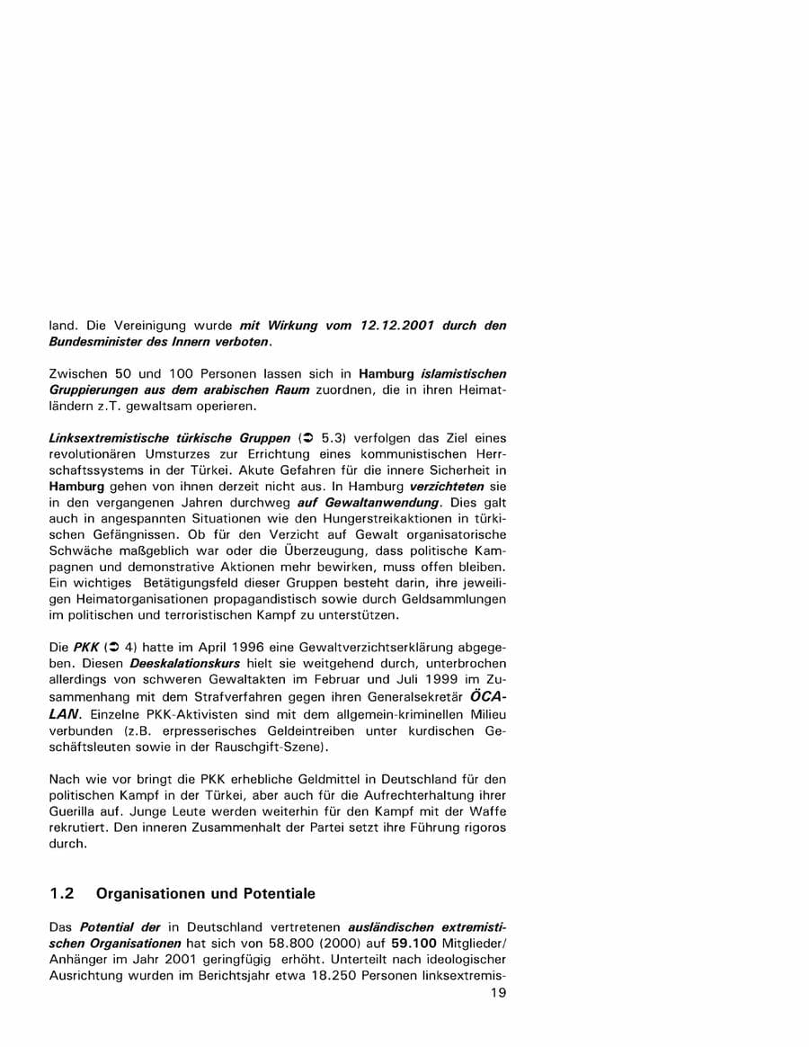 Seite 19 des Verfassungsschutzbericht 2001 Hamburg