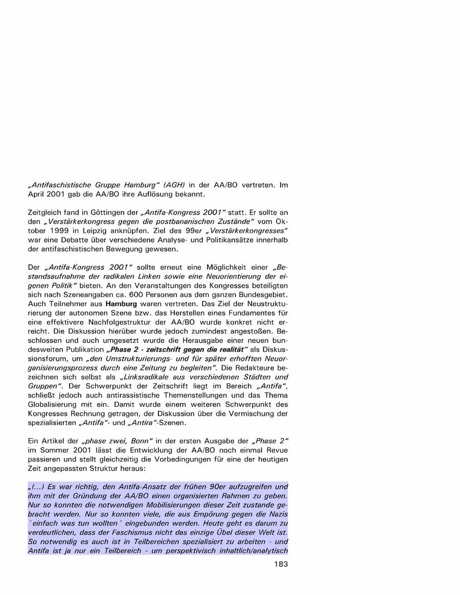 Seite 183 des Verfassungsschutzbericht 2001 Hamburg