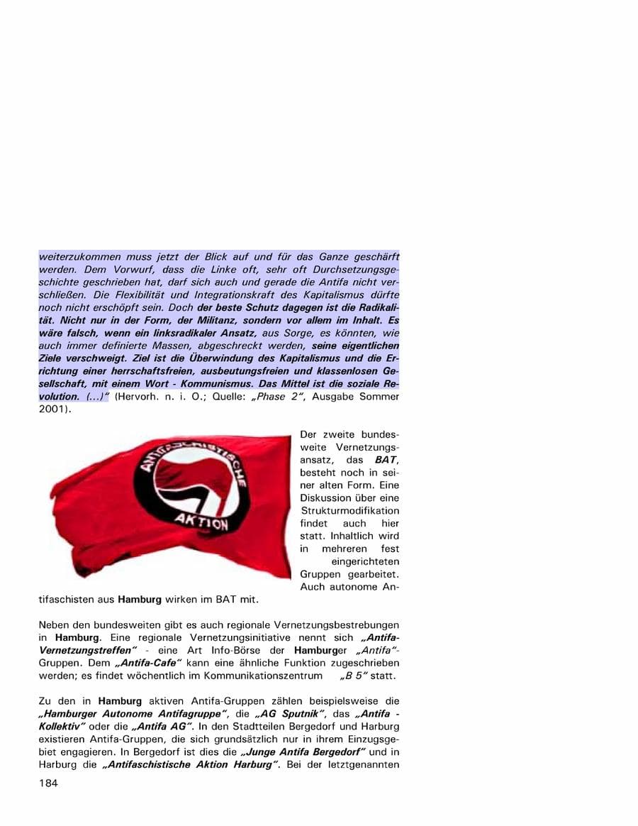Seite 184 des Verfassungsschutzbericht 2001 Hamburg