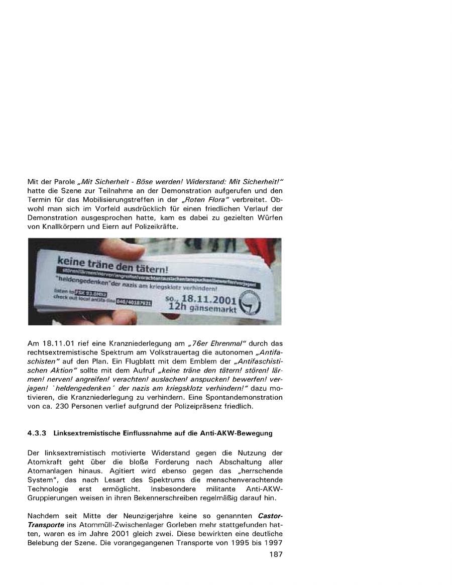 Seite 187 des Verfassungsschutzbericht 2001 Hamburg
