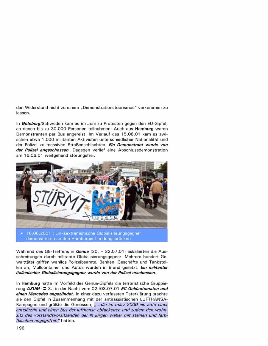 Seite 196 des Verfassungsschutzbericht 2001 Hamburg