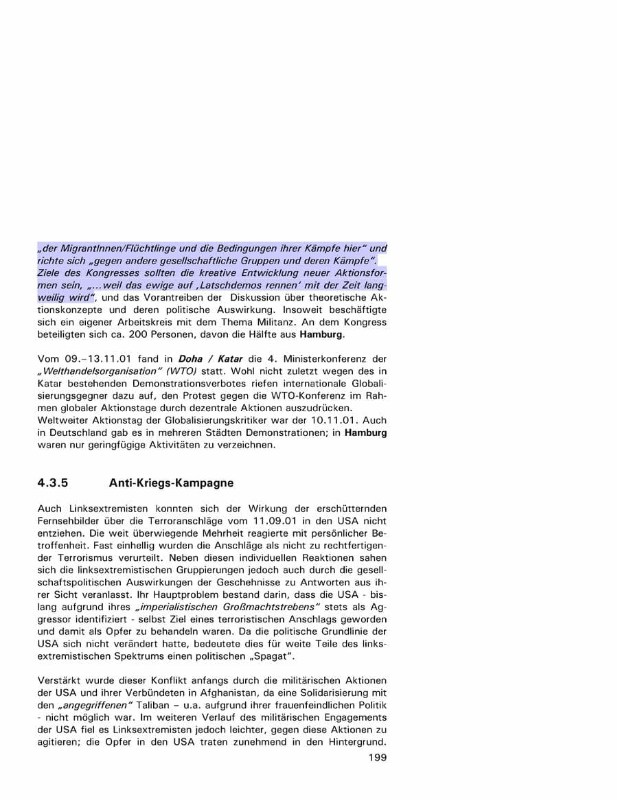 Seite 199 des Verfassungsschutzbericht 2001 Hamburg
