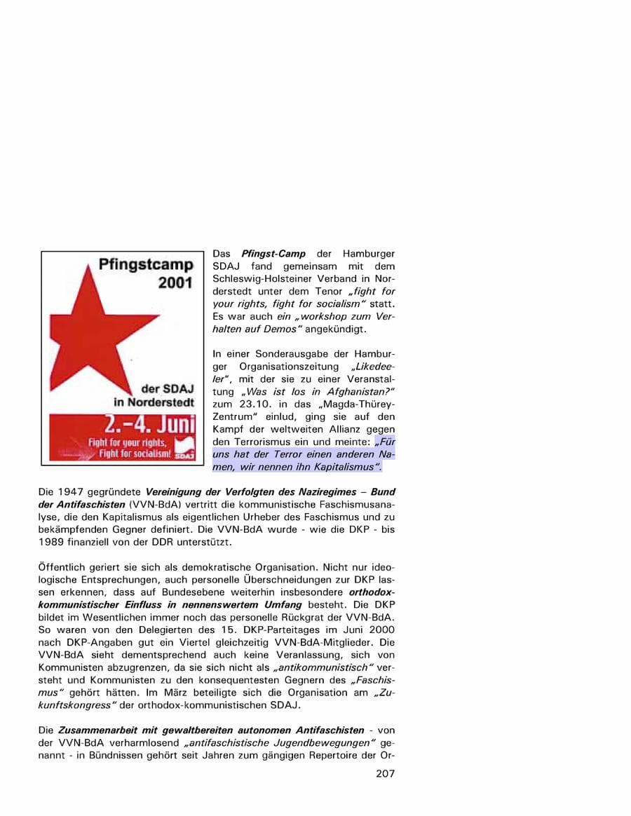 Seite 207 des Verfassungsschutzbericht 2001 Hamburg