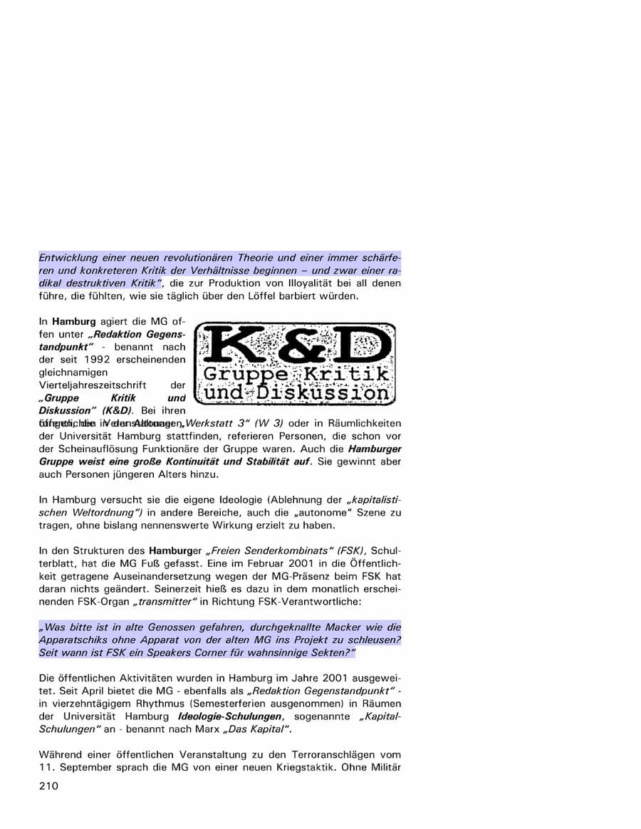 Seite 210 des Verfassungsschutzbericht 2001 Hamburg