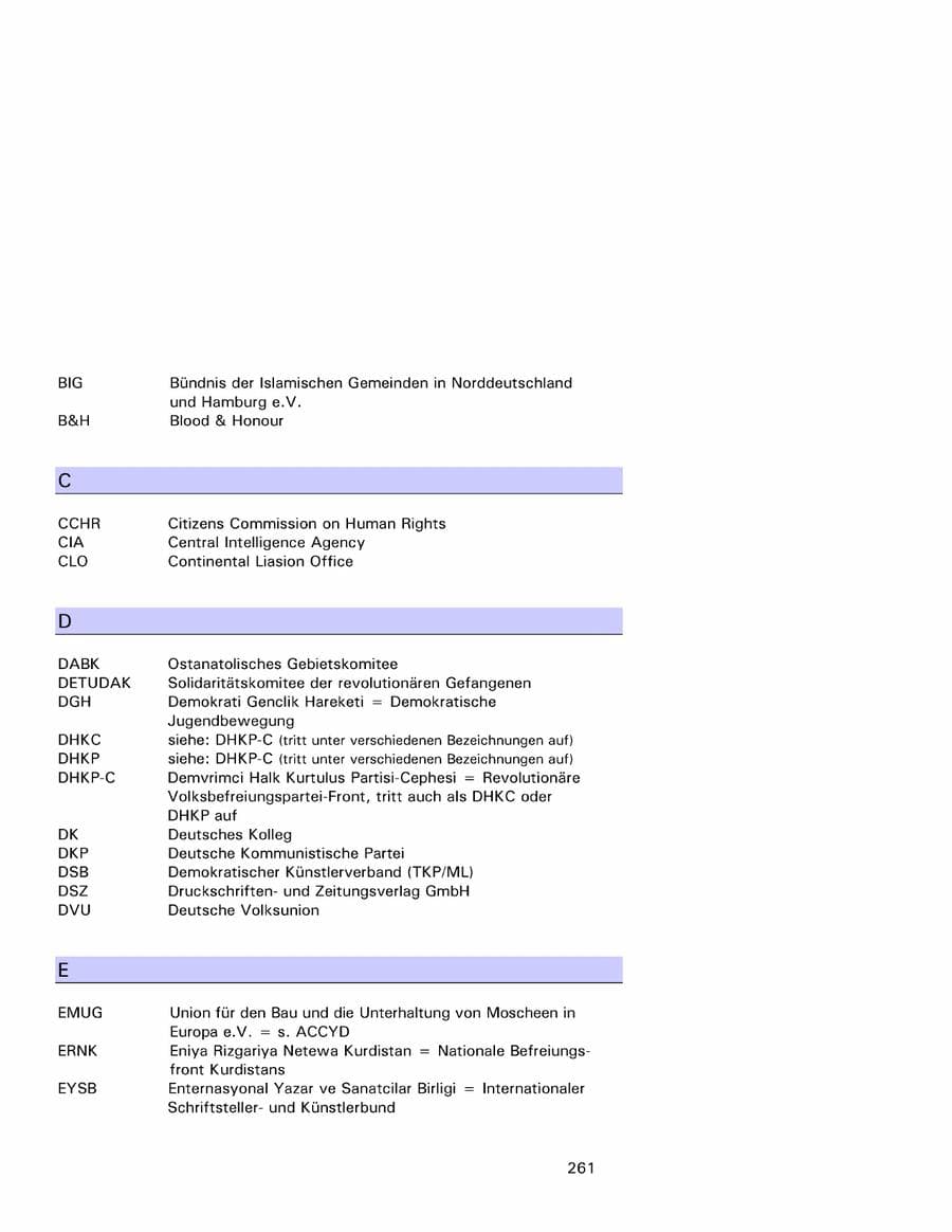 Seite 261 des Verfassungsschutzbericht 2001 Hamburg