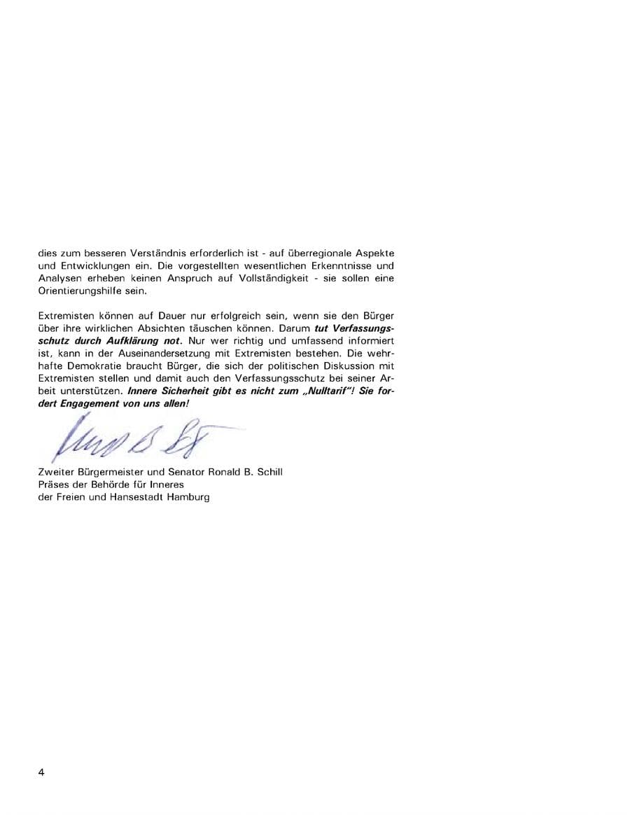 Seite 4 des Verfassungsschutzbericht 2001 Hamburg