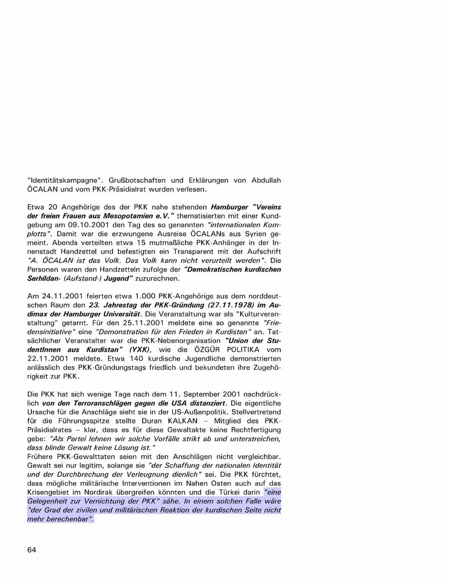 Seite 64 des Verfassungsschutzbericht 2001 Hamburg