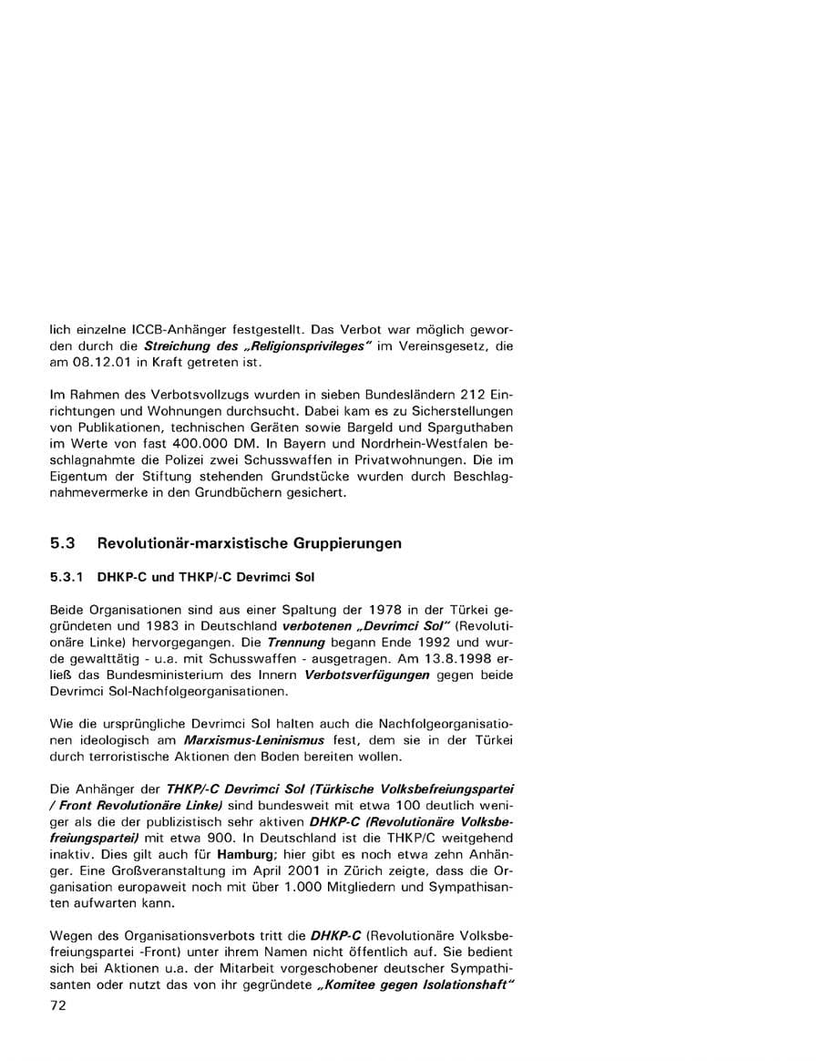 Seite 72 des Verfassungsschutzbericht 2001 Hamburg