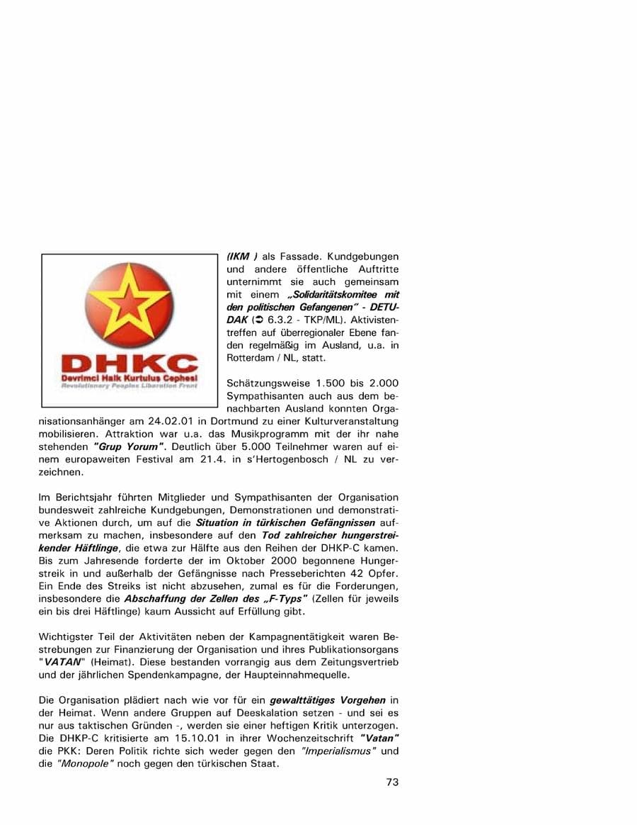 Seite 73 des Verfassungsschutzbericht 2001 Hamburg
