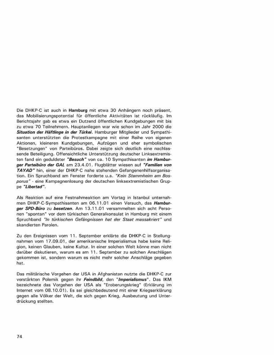 Seite 74 des Verfassungsschutzbericht 2001 Hamburg