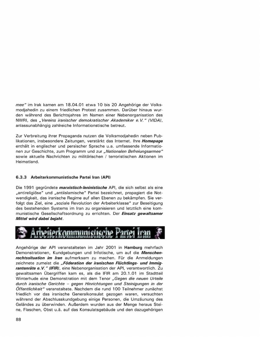 Seite 88 des Verfassungsschutzbericht 2001 Hamburg