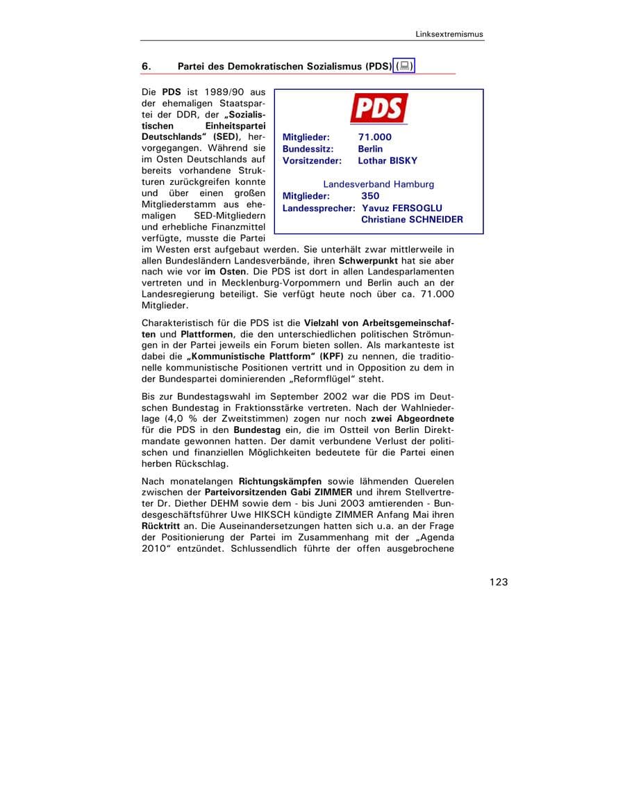Seite 124 des Verfassungsschutzbericht 2003 Hamburg
