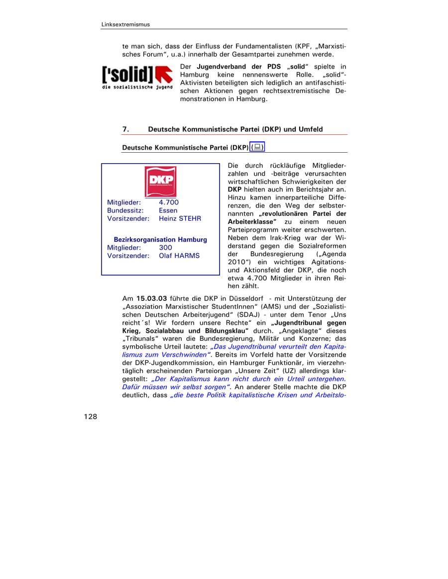 Seite 129 des Verfassungsschutzbericht 2003 Hamburg