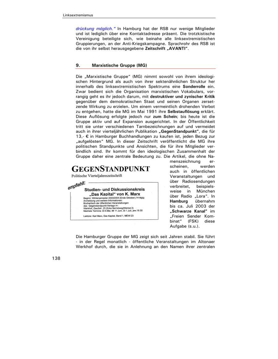 Seite 139 des Verfassungsschutzbericht 2003 Hamburg