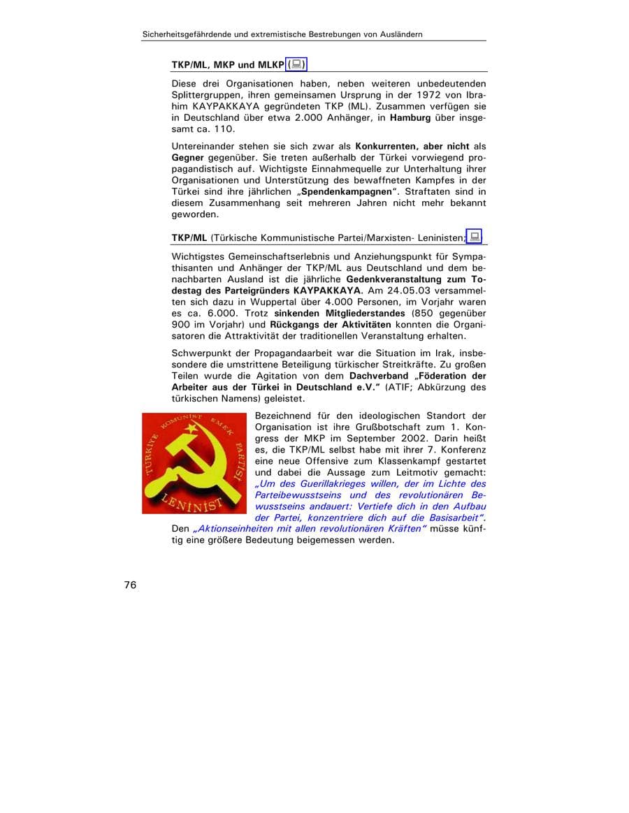 Seite 77 des Verfassungsschutzbericht 2003 Hamburg