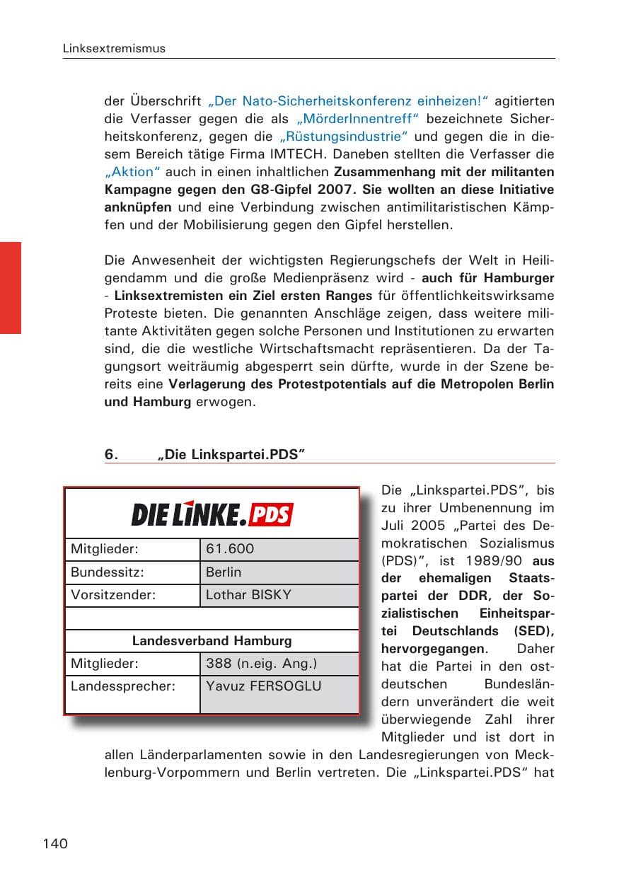 Seite 140 des Verfassungsschutzbericht 2005 Hamburg