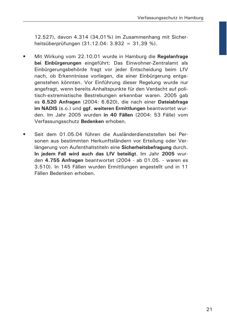 Seite 21 des Verfassungsschutzbericht 2005 Hamburg
