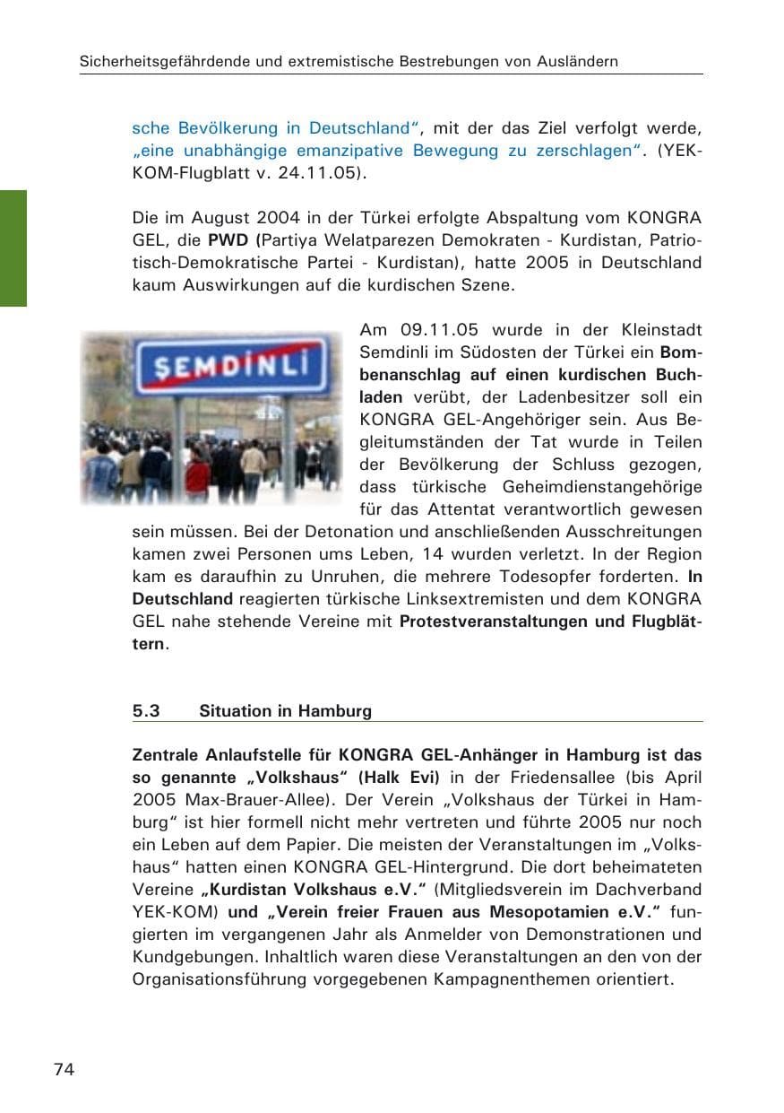 Seite 74 des Verfassungsschutzbericht 2005 Hamburg