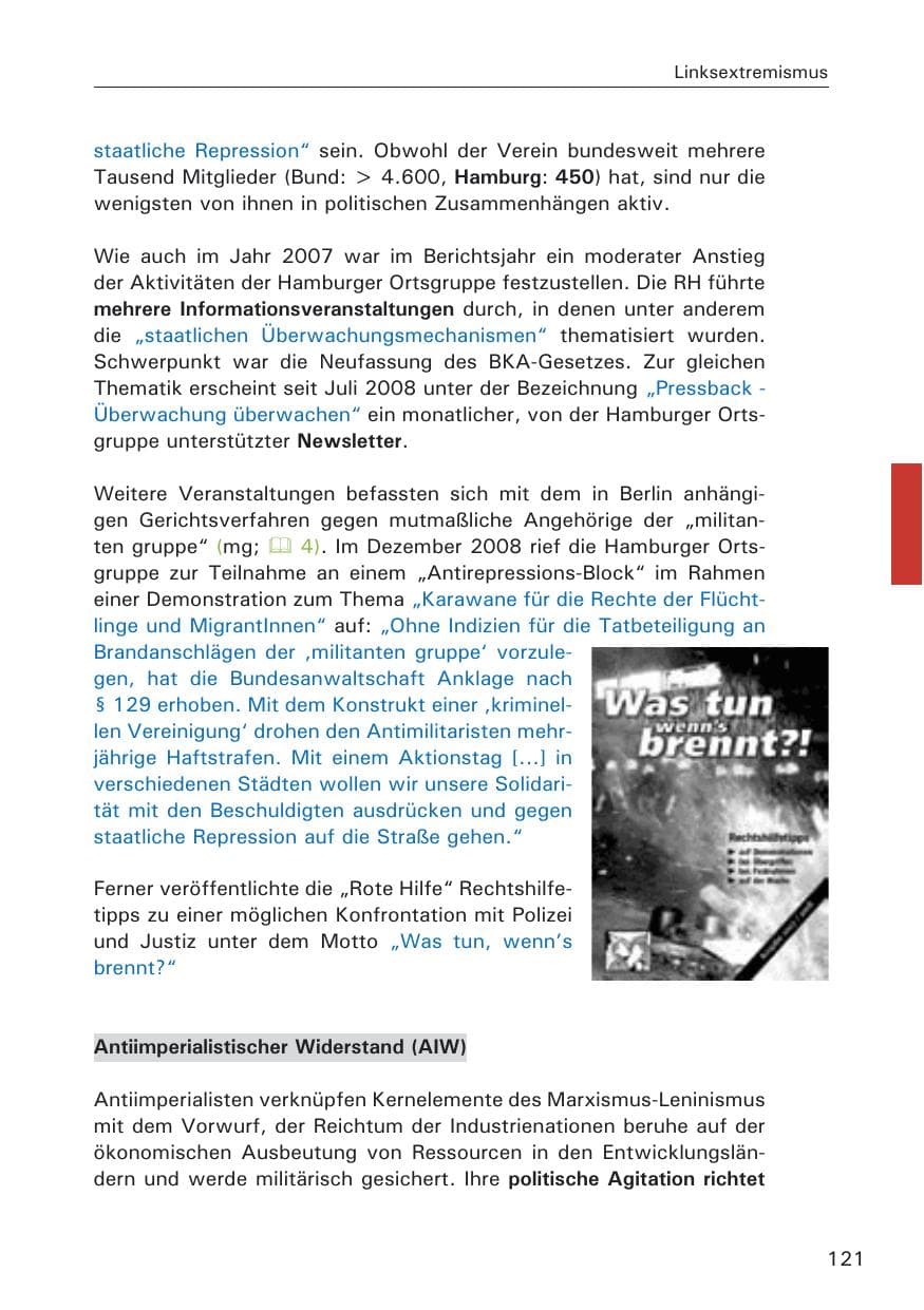 Seite 123 des Verfassungsschutzbericht 2008 Hamburg