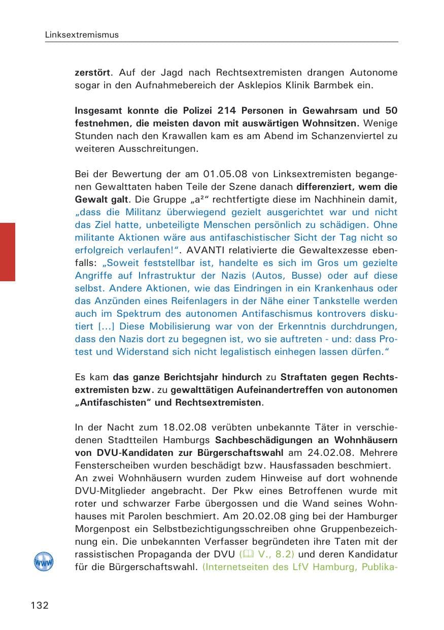 Seite 134 des Verfassungsschutzbericht 2008 Hamburg