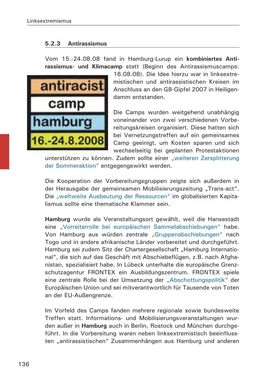Seite 138 des Verfassungsschutzbericht 2008 Hamburg