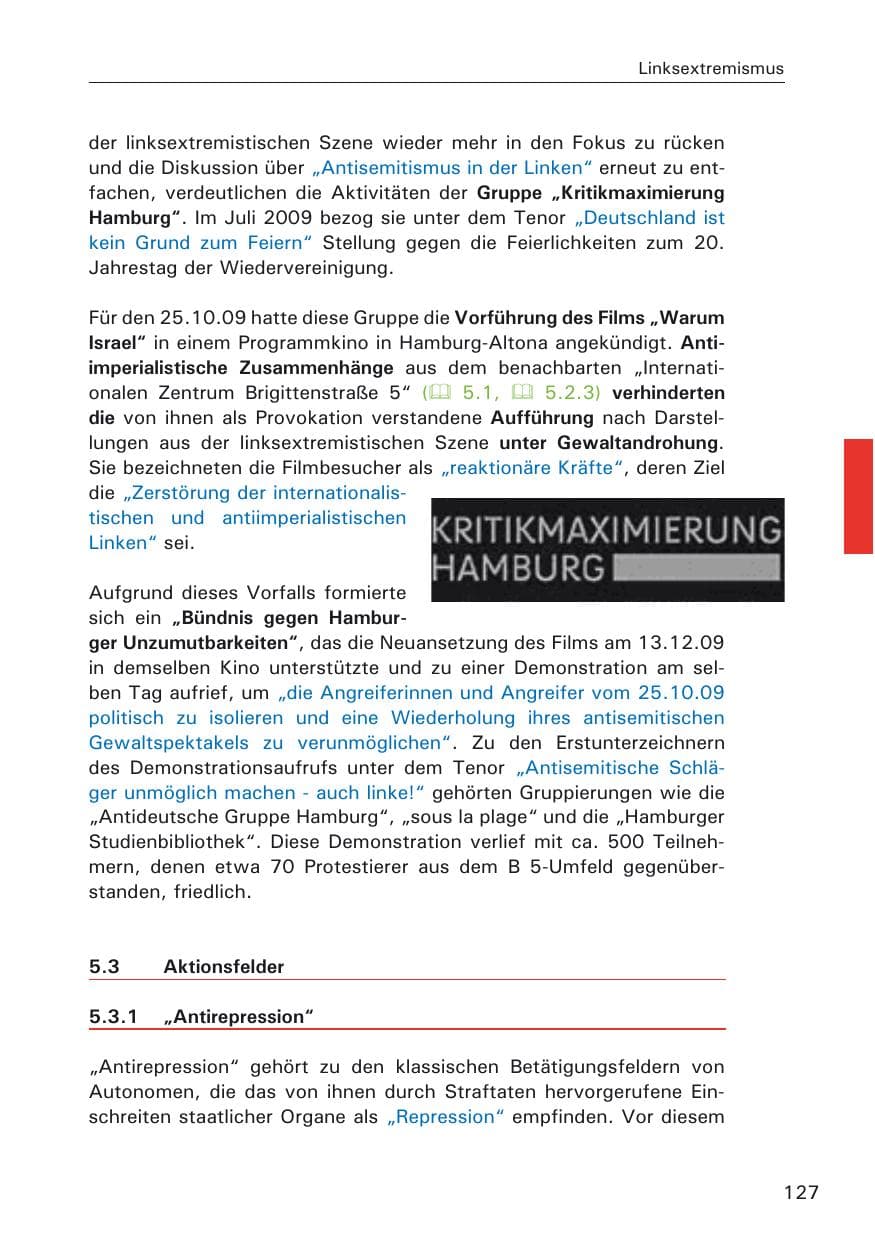 Seite 129 des Verfassungsschutzbericht 2009 Hamburg