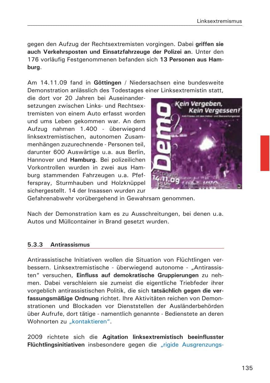 Seite 137 des Verfassungsschutzbericht 2009 Hamburg