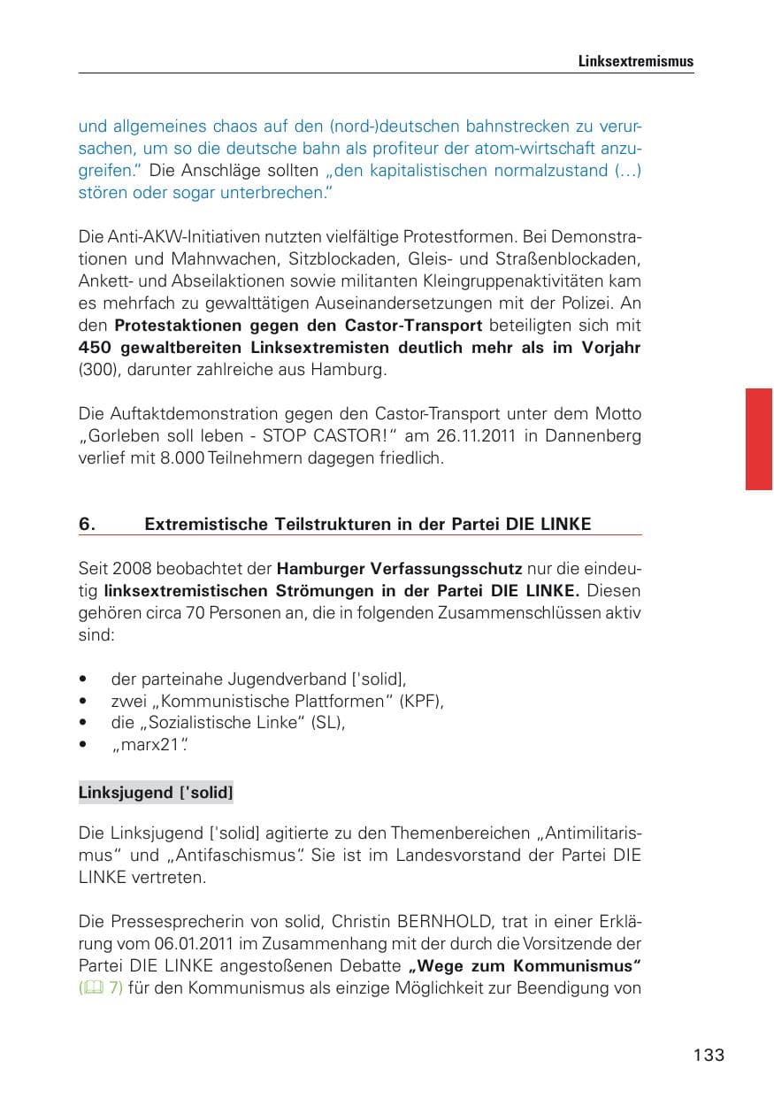 Seite 134 des Verfassungsschutzbericht 2011 Hamburg