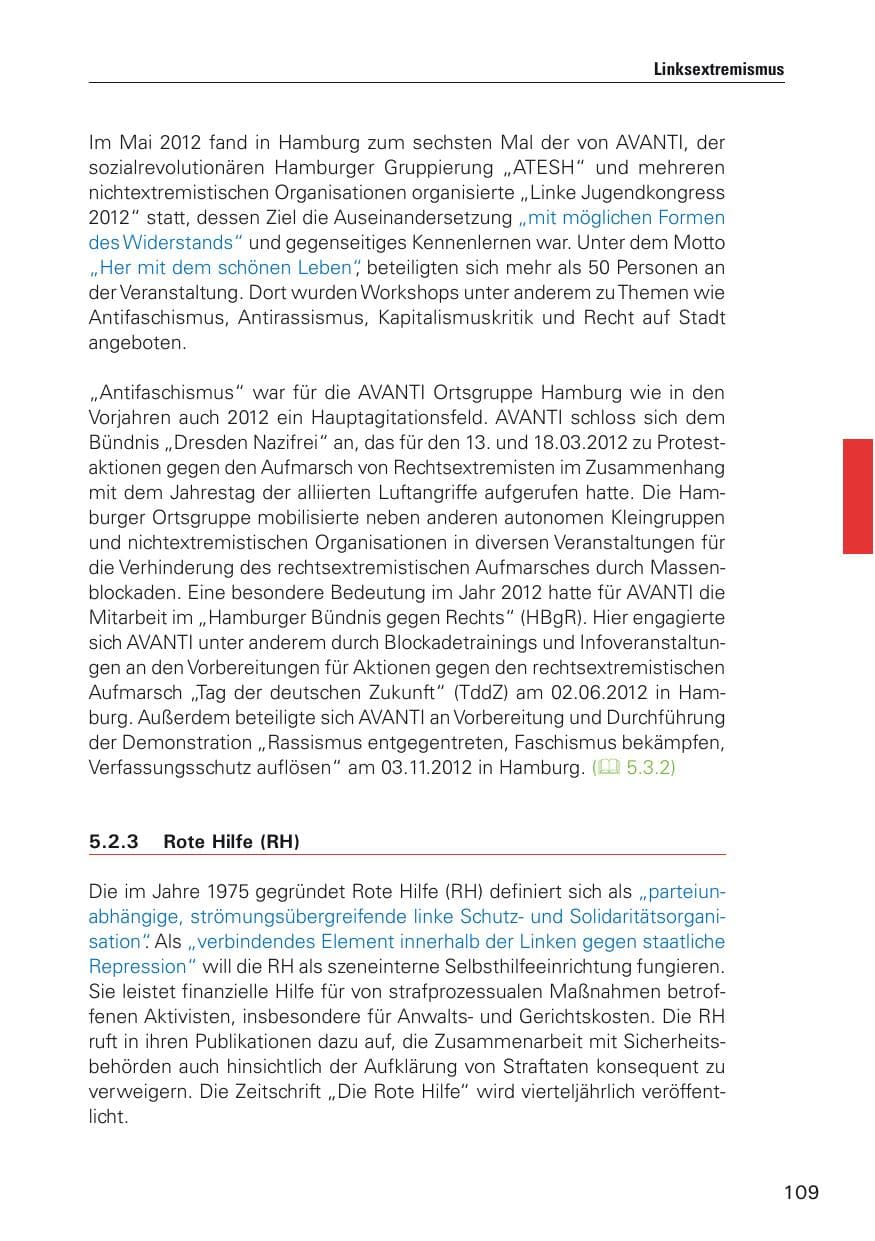 Seite 110 des Verfassungsschutzbericht 2012 Hamburg