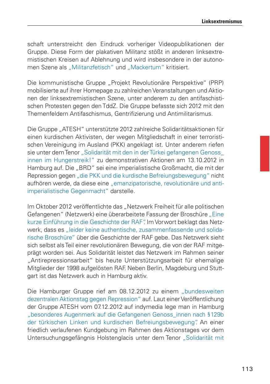 Seite 114 des Verfassungsschutzbericht 2012 Hamburg