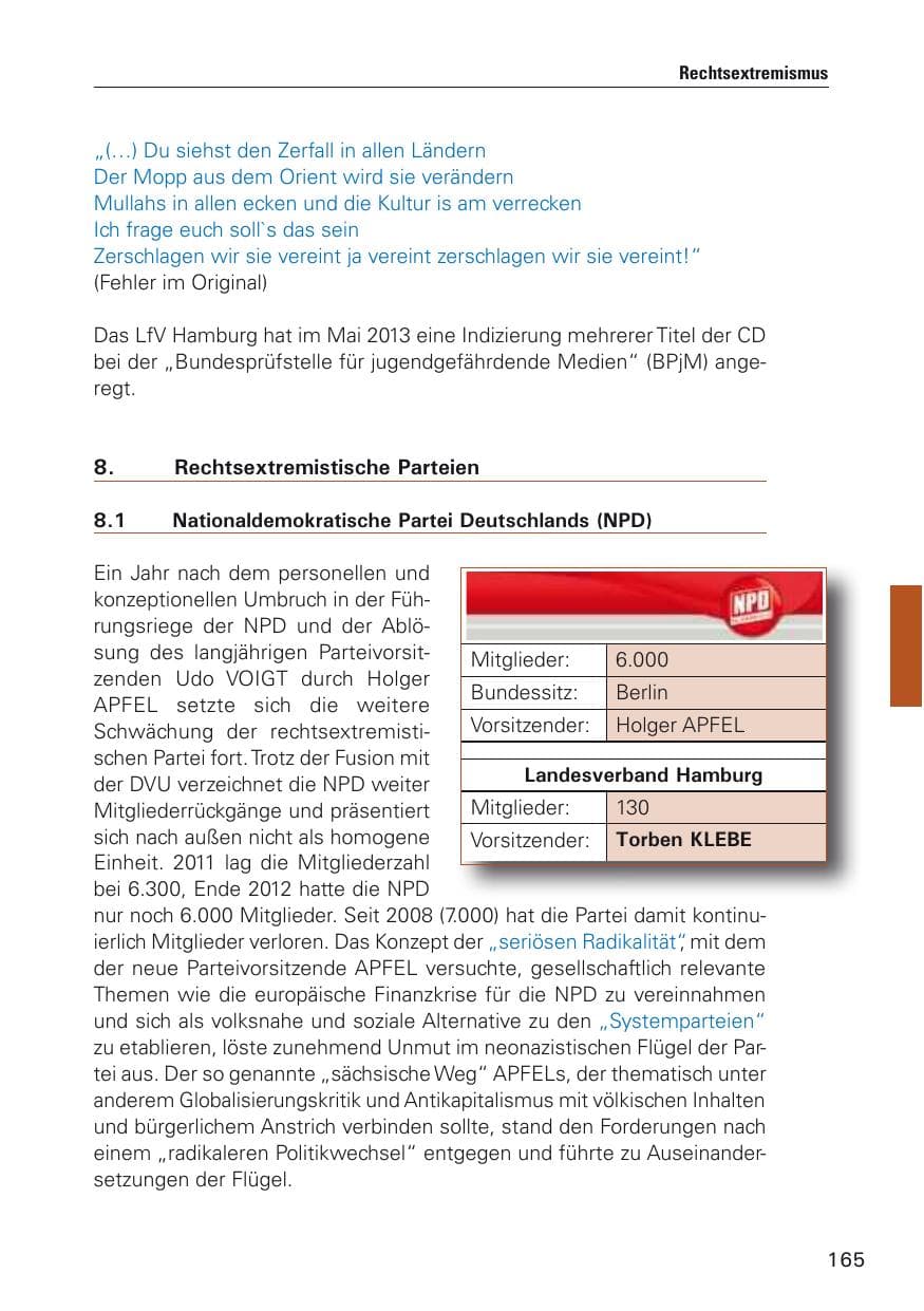 Seite 166 des Verfassungsschutzbericht 2012 Hamburg