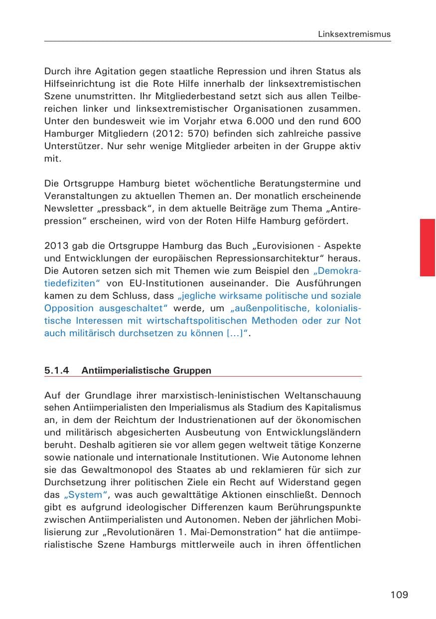Seite 110 des Verfassungsschutzbericht 2013 Hamburg