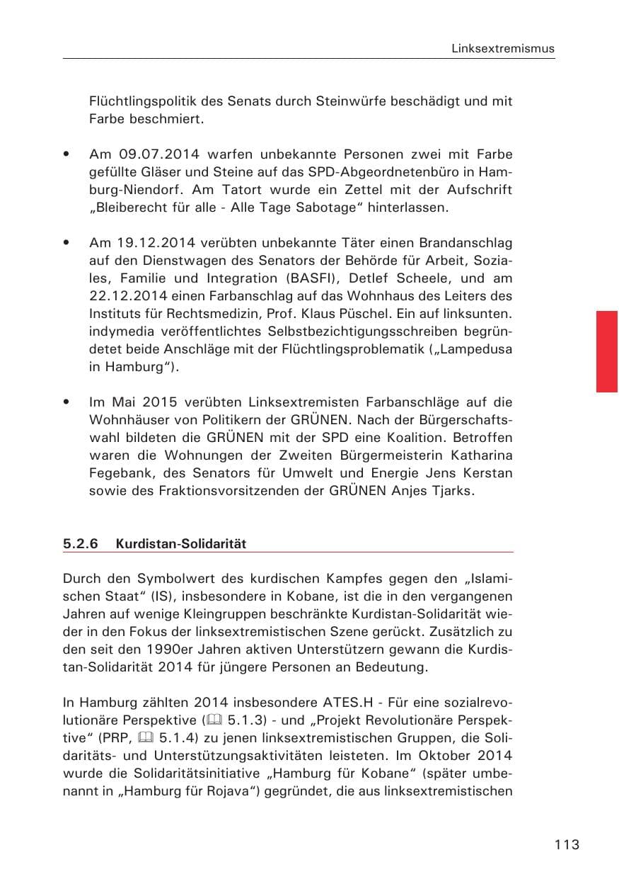 Seite 113 des Verfassungsschutzbericht 2014 Hamburg