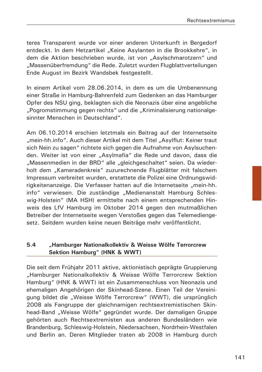 Seite 141 des Verfassungsschutzbericht 2014 Hamburg