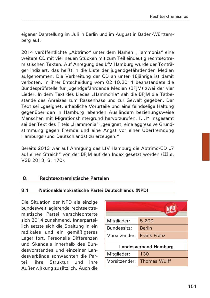 Seite 151 des Verfassungsschutzbericht 2014 Hamburg